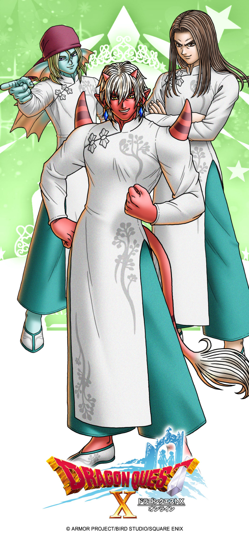 3boys absurdres aqua_pants aqua_skin artist_request back_fin bandana blonde_hair brown_eyes brown_hair check_clothing chinese_clothes clothing_request colored_skin copyright_logo crossed_arms dragon_quest dragon_quest_x fins fish_boy flexible girugaran grin hair_between_eyes hand_on_own_hip head_fins highres horns hyuuza_(dq10) long_hair looking_at_viewer male_focus medium_hair multiple_boys official_alternate_costume official_art official_wallpaper padre_(dq10) pants parted_hair pointing pointing_at_viewer pointy_ears purple_eyes red_bandana red_horns red_skin shoulder_spikes smile spikes tail yellow_eyes