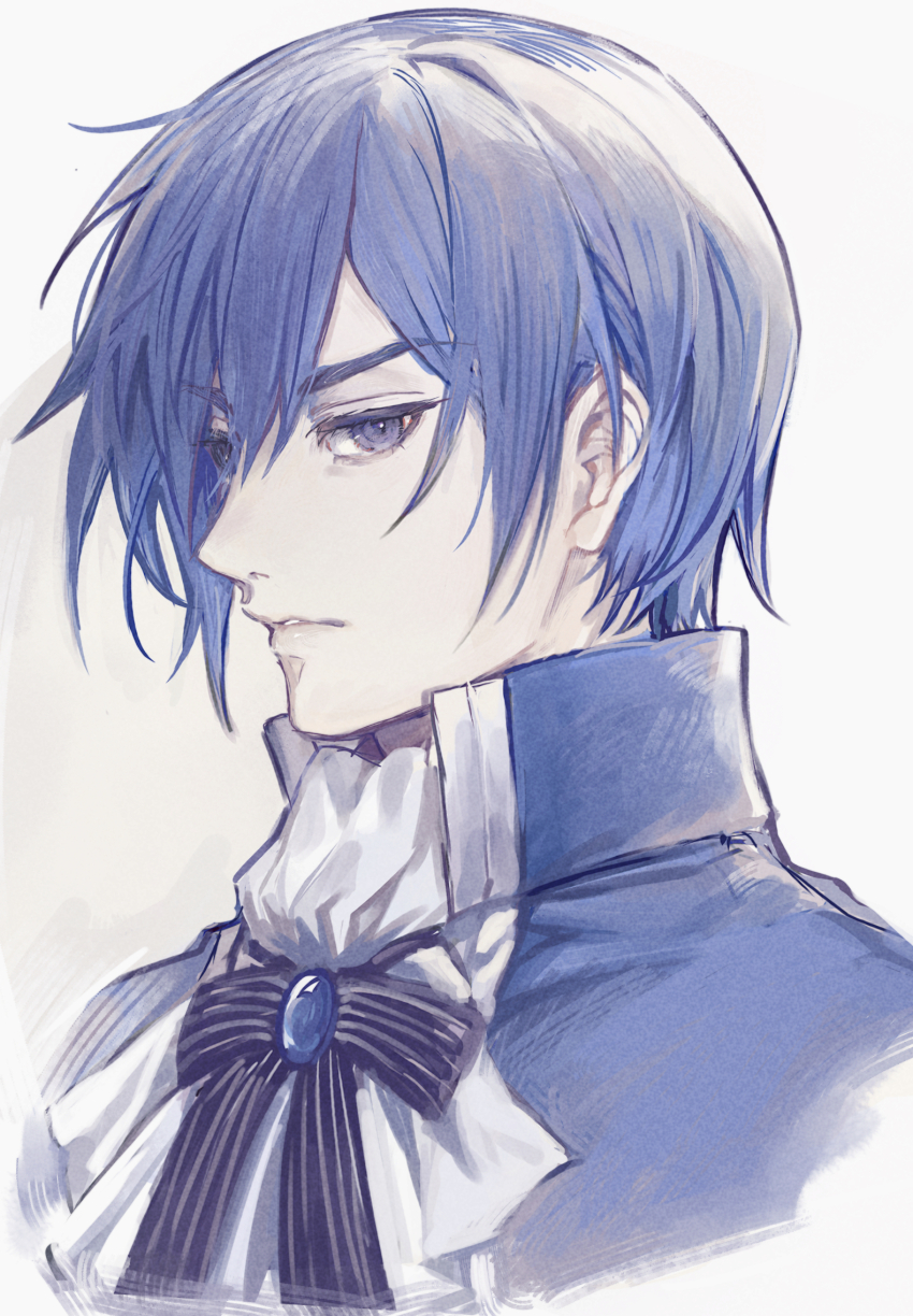 1boy 3838oji ascot bishounen blue_eyes blue_hair blue_jacket brooch collared_jacket colored_eyelashes evillious_nendaiki eyelashes faux_traditional_media high_collar highres jacket jewelry kaito_(vocaloid) karchess_crim necktie pale_skin parted_lips sideways_glance solo venomania_kou_no_kyouki_(vocaloid) vocaloid