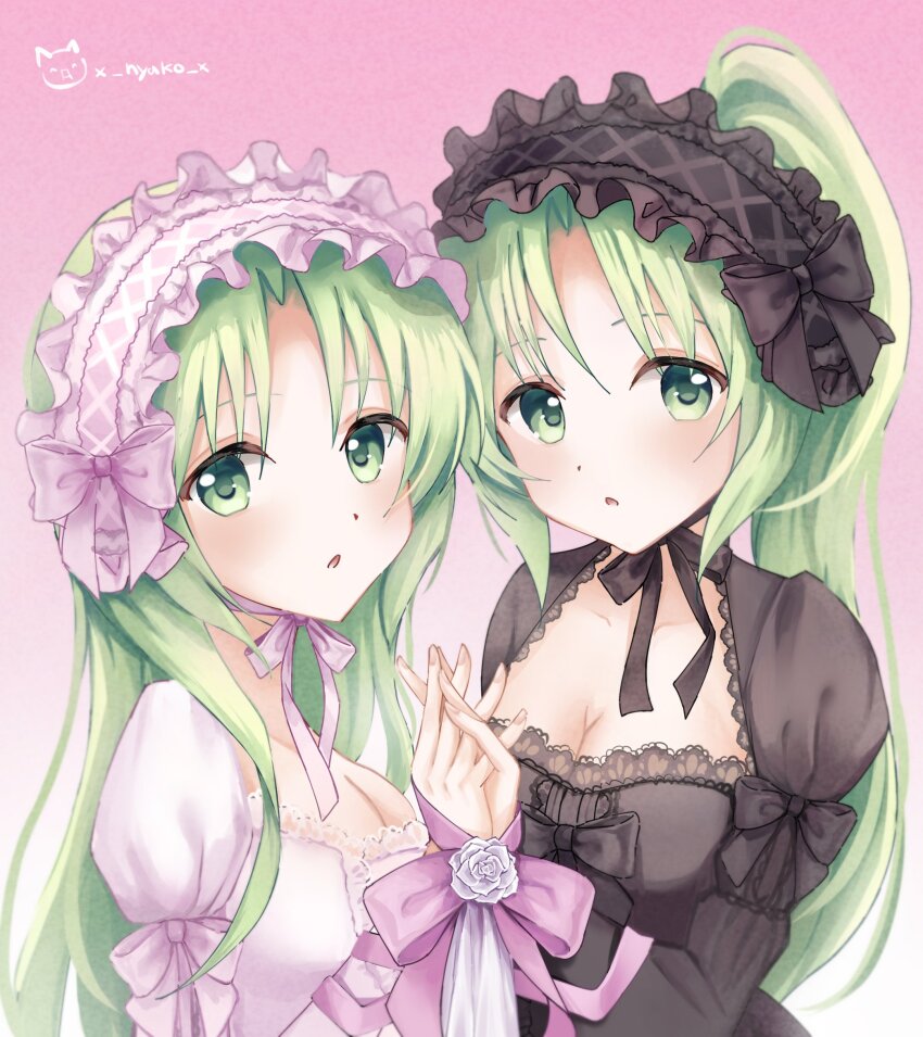 2girls artist_name black_dress black_hairband breasts cleavage dress fingernails green_eyes green_hair hairband highres higurashi_no_naku_koro_ni holding_hands interlocked_fingers lolita_fashion lolita_hairband long_hair long_sleeves looking_at_viewer multiple_girls nyako_(x_nyako_x) parted_lips pink_background pink_dress pink_hairband ponytail puffy_sleeves siblings sisters sonozaki_mion sonozaki_shion twins upper_body