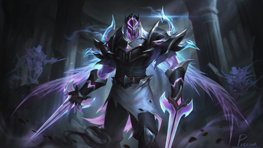 1boy absurdres armor artist_name black_armor dual_wielding facing_viewer gem grey_background highres holding league_of_legends male_focus mask piscina purple_gemstone solo standing zed_(league_of_legends)