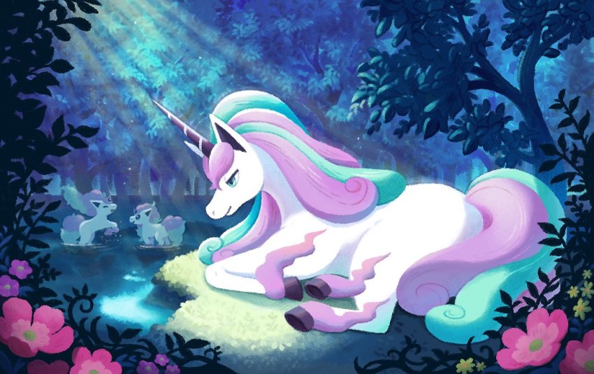 closed_mouth commentary_request evolutionary_line flower galarian_form galarian_ponyta galarian_rapidash gen_8_pokemon grass green_eyes happy light_rays looking_down lying ma-hain-scarlet nintendo no_humans on_stomach outdoors pink_flower pokemon pokemon_(creature) ripples smile water