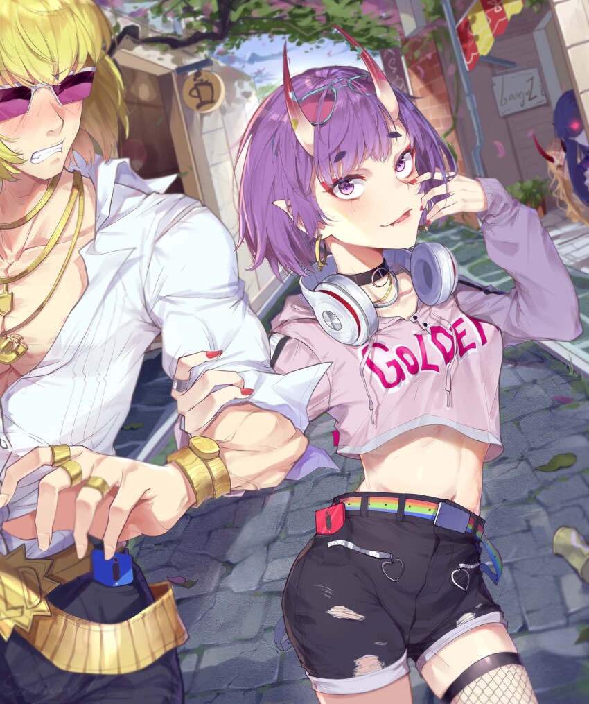 1boy 1girl 3girls alternate_costume asymmetrical_legwear belt blonde_hair blurry blurry_background blush cellphone day earrings embarrassed eyewear_on_head fate/grand_order fate_(series) fishnet_thighhighs fishnets glowing glowing_eyes gold grabbing_another&#039;s_arm headphones headphones_around_neck highres horns ibaraki_douji_(fate) jealous jewelry kaer_sasi_dianxia leaf minamoto_no_raikou_(fate) multiple_girls nails necklace oni open_mouth phone pointy_ears purple_eyes purple_hair ring sakata_kintoki_(fate) scenery shorts shuten_douji_(fate) shuten_douji_(onmyoji) smile sunglasses thighhighs veins