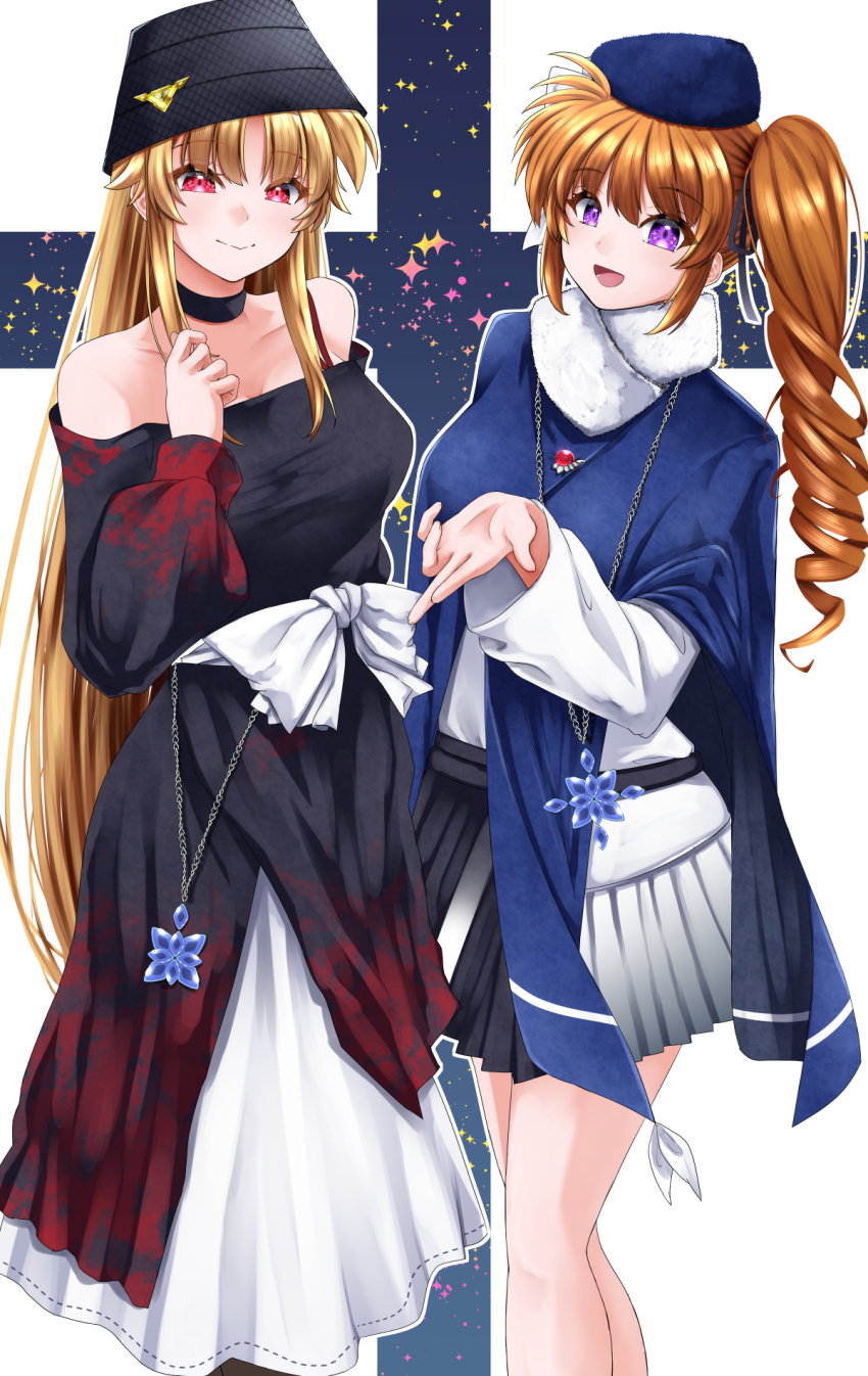 2girls bardiche_(nanoha) blonde_hair brown_hair closed_mouth commentary_request dress fate_testarossa hat highres long_hair looking_at_viewer lyrical_nanoha mahou_shoujo_lyrical_nanoha_strikers multiple_girls off_shoulder open_mouth purple_eyes raising_heart red_eyes side_ponytail smile sougetsu_izuki takamachi_nanoha very_long_hair