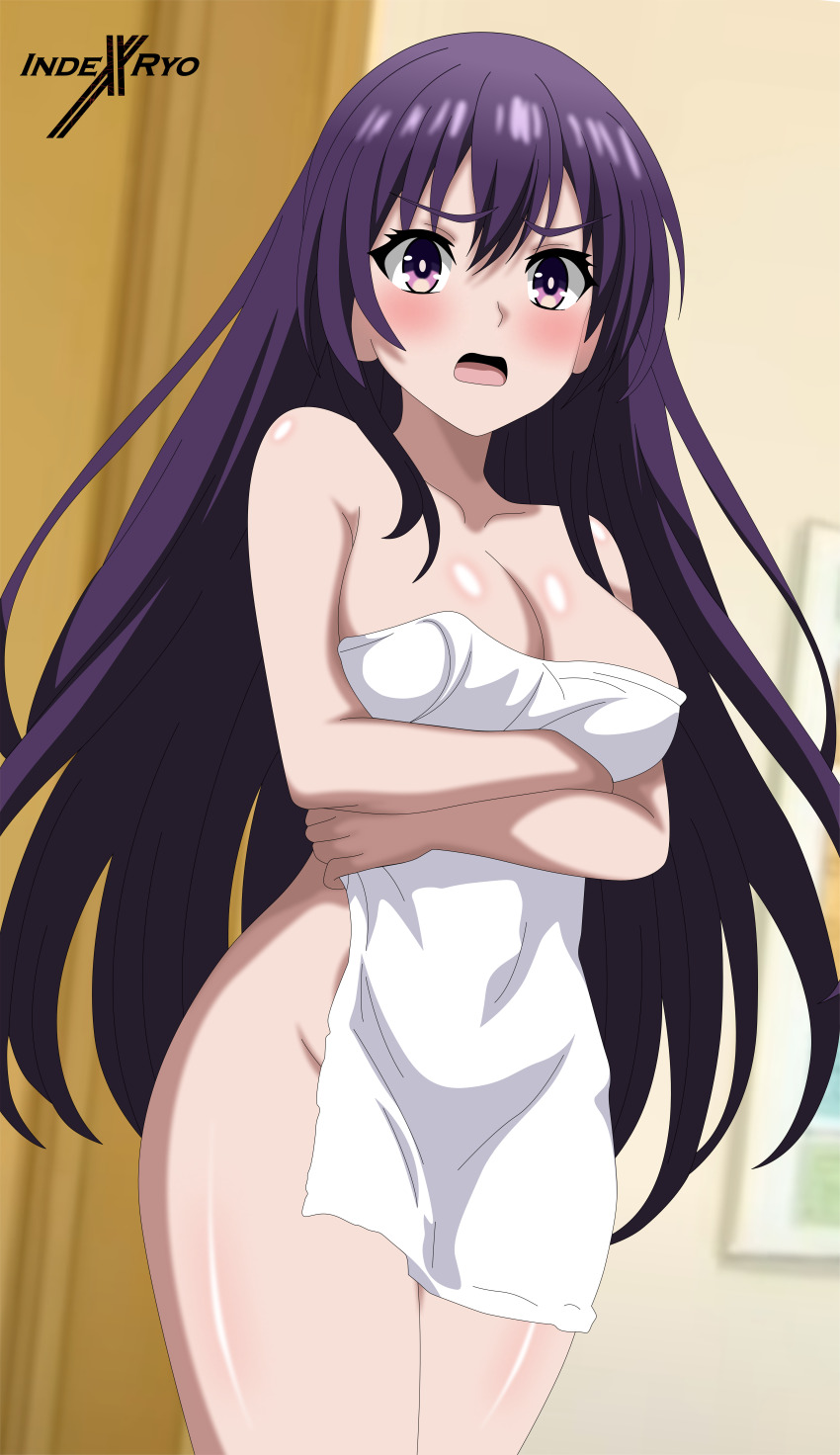 1girl absurdres blush breasts date_a_live embarrassed highres indexryo long_hair naked_towel purple_eyes purple_hair solo thighs towel towel_over_breasts yatogami_tohka