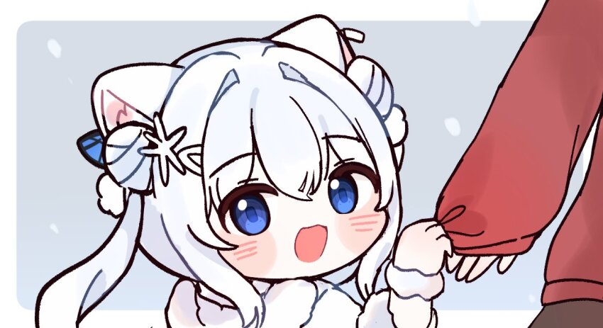 1girl 2girls :d angelina_(nikke) animal_ear_fluff animal_ears blue_eyes blush_stickers butterfly_hair_ornament chibi child double_bun fake_animal_ears fur-trimmed_jacket fur_trim goddess_of_victory:_nikke hair_between_eyes hair_bun hair_ornament holding hood hooded_jacket jacket mming_(mmingis18) multiple_girls n102_(miracle_fairy)_(nikke) n102_(nikke) official_alternate_costume open_mouth red_sweater short_twintails smile sweater twintails white_hair white_jacket