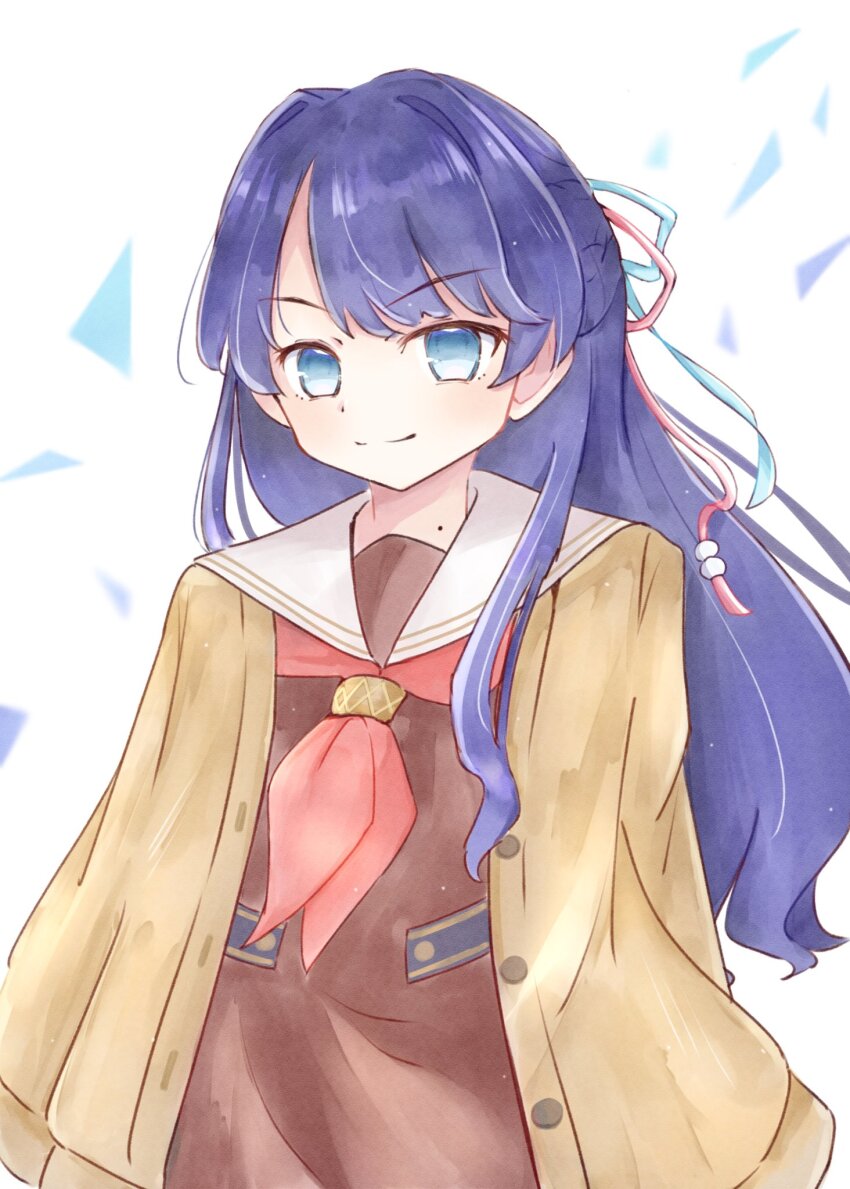 &gt;:) 1girl amano_tatsu blue_eyes blue_hair blue_ribbon brown_cardigan brown_dress cardigan closed_mouth commentary cowboy_shot dress hair_ribbon half_updo hasu_no_sora_school_uniform highres link!_like!_love_live! long_hair long_sleeves looking_at_viewer love_live! mole mole_on_neck murano_sayaka neckerchief open_cardigan open_clothes red_neckerchief red_ribbon ribbon sailor_collar sailor_dress school_uniform simple_background smile solo split_mouth v-shaped_eyebrows virtual_youtuber white_background white_sailor_collar winter_uniform