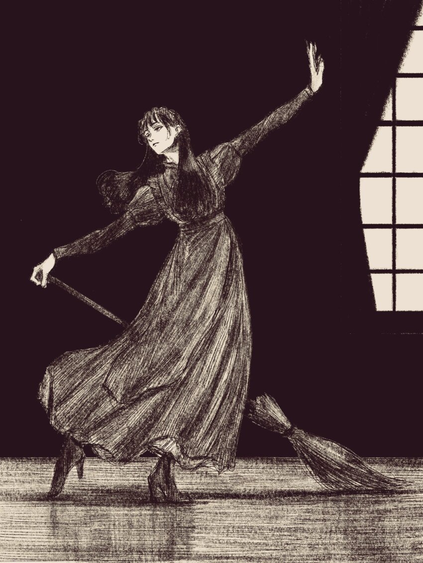 1girl arms_up black_dress black_hair broom dress full_body greyscale high_heels highres holding holding_broom indoors long_hair monochrome original outstretched_arms solo spread_arms tp_p_pt window