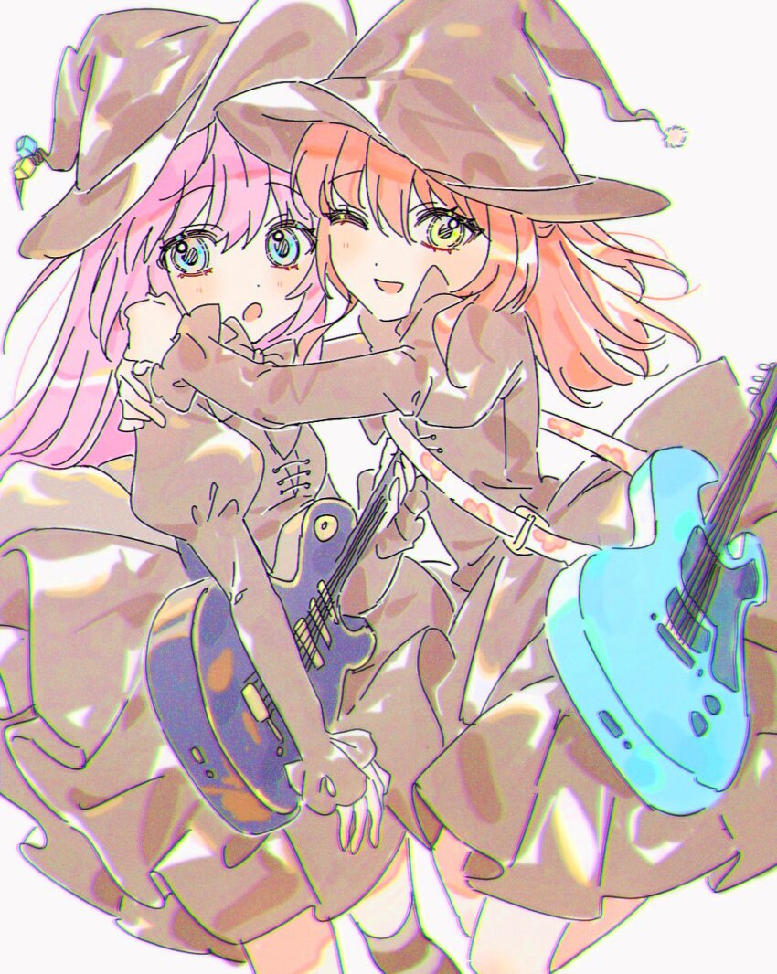2girls :d black_dress black_headwear blush bocchi_the_rock! chromatic_aberration commentary cowboy_shot cube_hat_ornament dress film_grain gotoh_hitori green_eyes guitar hair_between_eyes hat highres holding holding_guitar holding_instrument hug instrument juliet_sleeves kita_ikuyo long_hair long_sleeves looking_at_viewer multiple_girls one_eye_closed open_mouth pink_hair pong_(pong_o0) puffy_sleeves red_hair sidelocks smile white_background witch_hat yuri