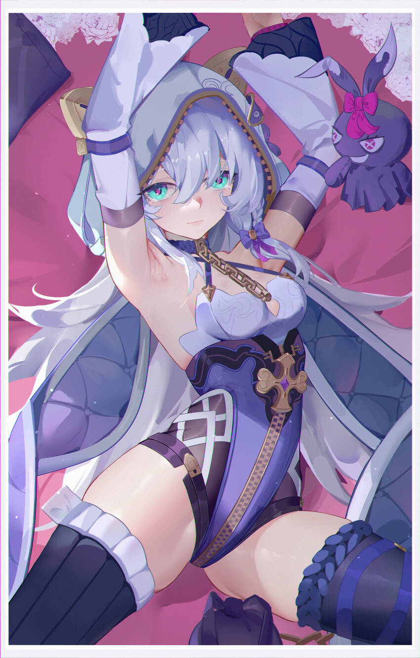 1girl absurdres animal_hood armpits arms_up blue_eyes breasts cat_hood chain chain_around_neck comet-c cowboy_shot crotch_zipper detached_sleeves full-length_zipper hair_between_eyes hair_ribbon highres honkai_(series) honkai_impact_3rd hood long_hair looking_at_viewer purple_ribbon purple_thighhighs ribbon small_breasts solo stuffed_toy theresa_apocalypse theresa_apocalypse_(schicksal&#039;s_imperative) thighhighs thighs white_hair zettai_ryouiki zipper