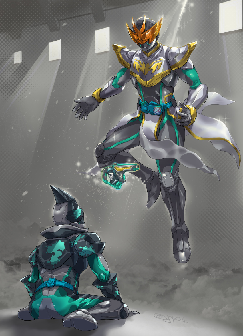 2boys absurdres armor ass bat_(animal) bat_genome black_armor darkness defeat rider_belt floating highres huujyu kamen_rider kamen_rider_evil kamen_rider_live kamen_rider_revice kneeling light livegun loincloth multiple_boys rider_belt signature spoilers two_sidriver visor white_armor