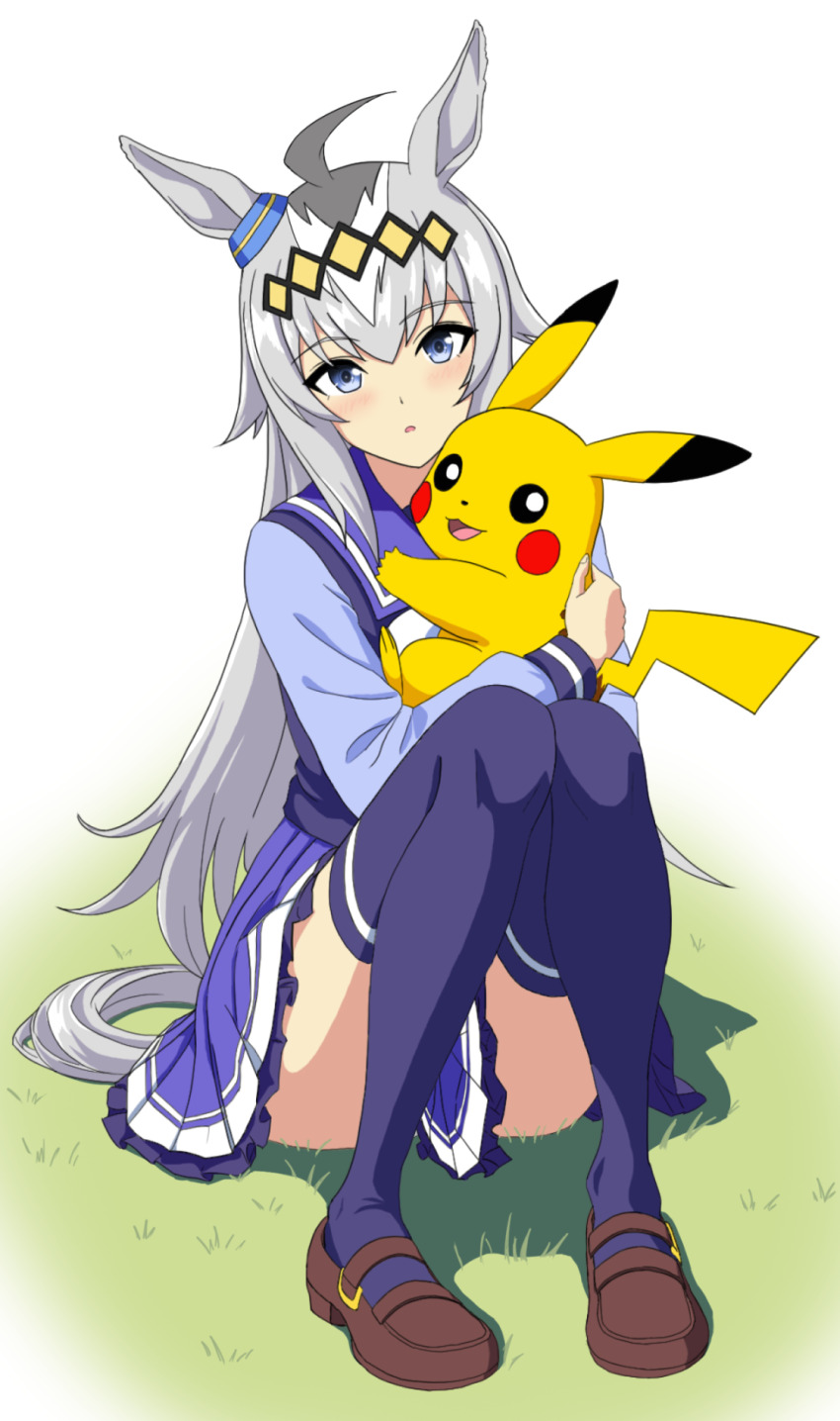 1girl ahoge animal_ears blue_eyes bow bowtie brown_shoes commentary creatures_(company) crossover ear_ornament frilled_skirt frills full_body game_freak gen_1_pokemon grass grey_hair hair_ornament highres holding holding_pokemon horse_ears horse_girl horse_tail kiyosuke_(kiyosuke023) loafers long_hair long_sleeves looking_at_viewer miniskirt nintendo oguri_cap_(umamusume) on_ground parted_lips pikachu pleated_skirt pokemon pokemon_(creature) purple_sailor_collar purple_shirt purple_skirt purple_thighhighs sailor_collar school_uniform serafuku shirt shoes sitting skirt solo tail thighhighs umamusume white_background white_bow white_bowtie