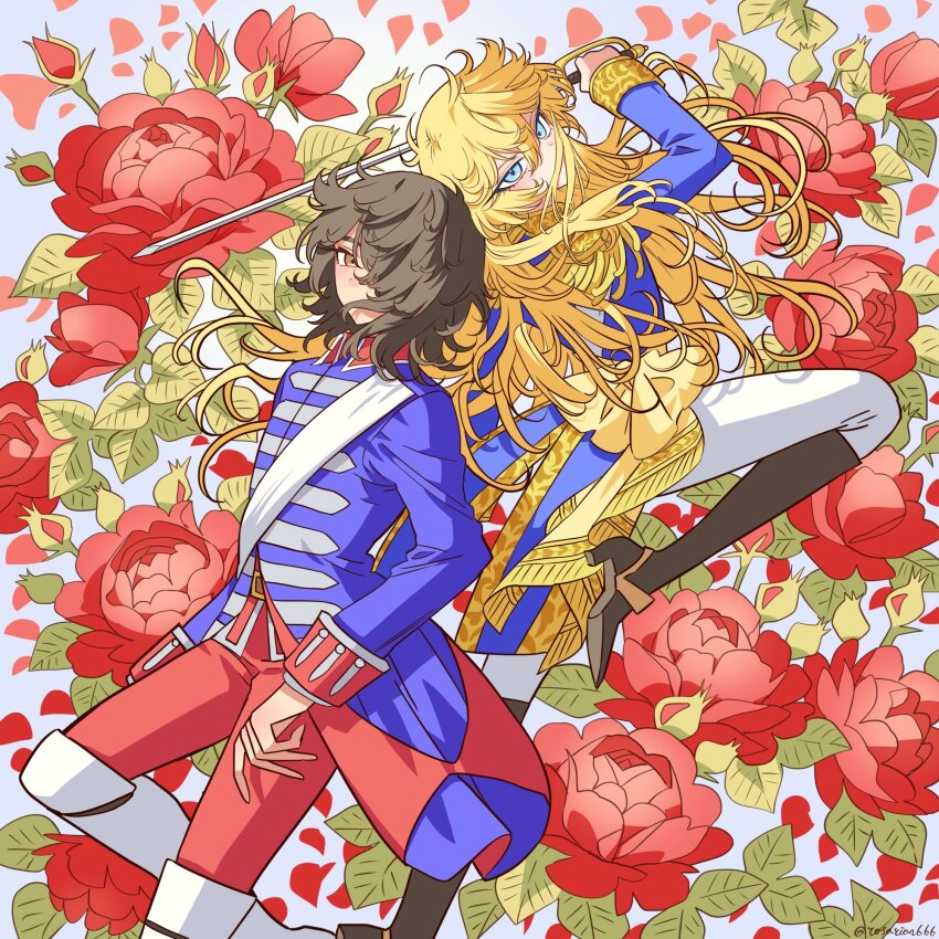 1boy 1girl andre_grandier blonde_hair blue_coat blue_eyes blue_jacket boots brown_hair coat epaulettes flower hair_over_one_eye highres holding holding_sword holding_weapon jacket long_hair looking_at_viewer meremero oscar_francois_de_jarjayes pants red_flower red_pants red_rose rose short_hair sword twitter_username versailles_no_bara weapon white_pants