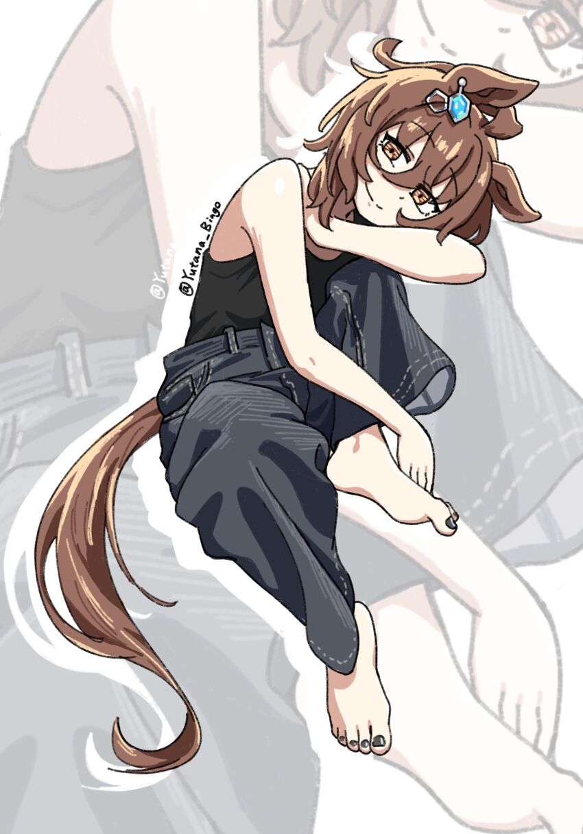 1girl agnes_tachyon_(umamusume) ahoge animal_ears artist_name barefoot black_nails black_tank_top brown_hair chemical_structure closed_mouth denim earrings grey_pants haihara_yuuya hair_between_eyes hand_on_own_shoulder head_rest highres horse_ears horse_girl horse_tail jeans jewelry leaning_to_the_side looking_at_viewer nail_polish pants red_eyes shirt_tucked_in short_hair single_earring smile solo tail tank_top twitter_username umamusume
