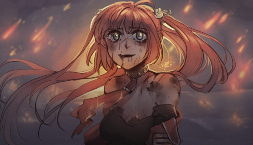 1girl artist_name azur_lane blood blue_eyes breasts cleavage collar lips long_hair looking_at_viewer necktie open_mouth red_hair san_diego_(azur_lane) scar solo_focus tattered_clothes tears twintails zawijawa