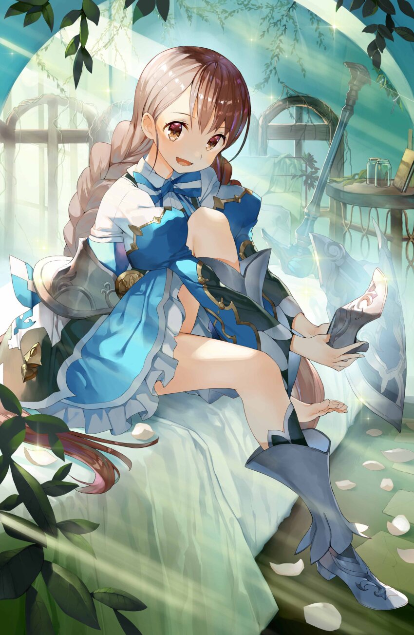 1girl absurdres armor braid brown_eyes brown_hair dorothy_(grimms_echoes) dress gaou_(umaiyo_puyoman) grimms_echoes hammer highres long_hair looking_at_viewer official_art petals plant puffy_sleeves ribbon shield shoes silver_shoes sitting solo sunlight twin_braids