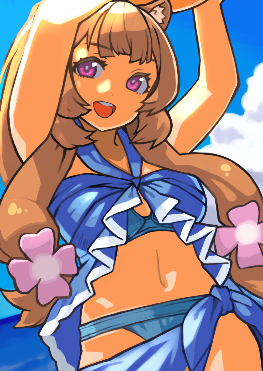 1girl :d absurdres animal_ear_fluff animal_ears arms_up ball bikini blue_bikini blue_sarong blue_sky blunt_bangs breasts brown_hair cloud cloudy_sky commentary_request day dutch_angle eyelashes flower hair_flower hair_ornament highres holding holding_ball long_hair looking_at_viewer medium_breasts navel ocean official_alternate_costume open_mouth outdoors partial_commentary pink_eyes raccoon_ears raccoon_girl raphtalia rinx sarong sky smile solo standing stomach swimsuit tate_no_yuusha_no_nariagari teeth upper_teeth_only