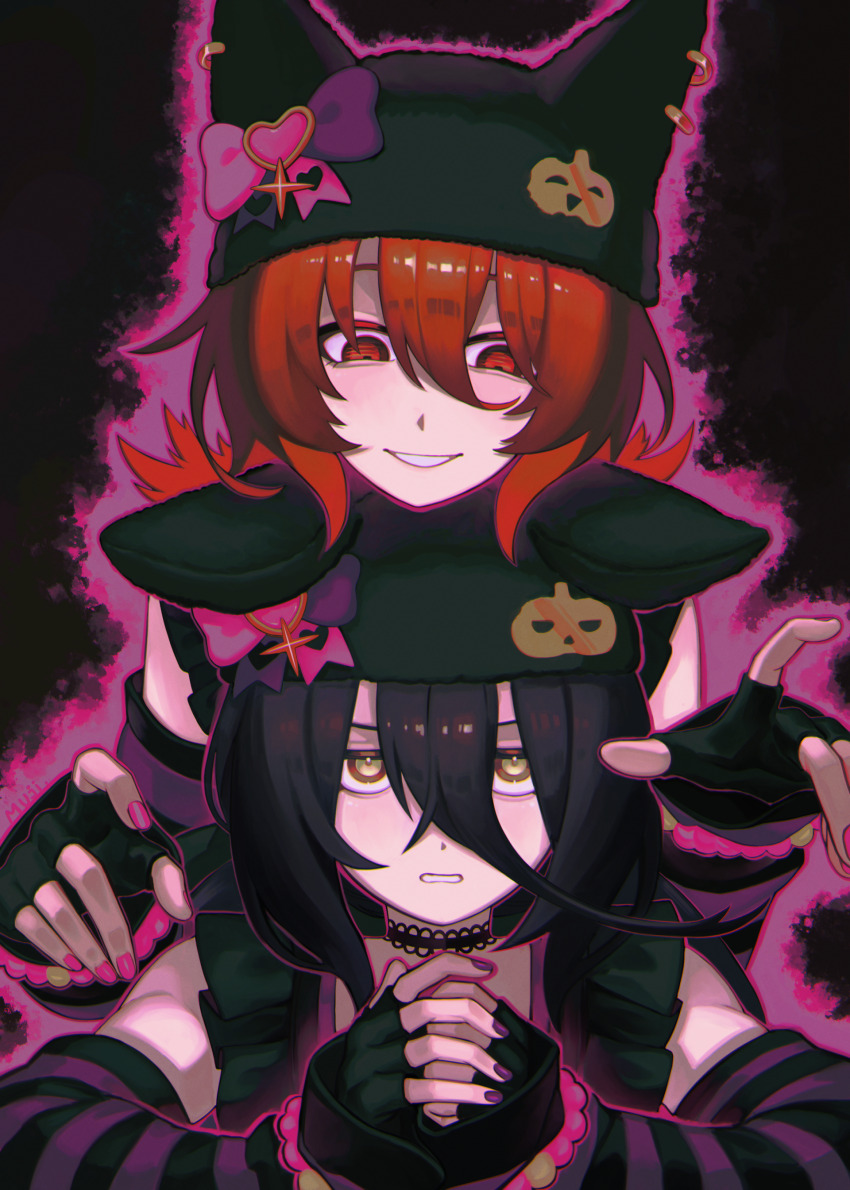 2girls absurdres agnes_tachyon_(umamusume) alternate_costume animal_ear_headwear black_choker black_gloves black_hair black_hat bow brown_hair choker commentary detached_sleeves ear_ornament ears_down fake_animal_ears fingerless_gloves gloves hair_between_eyes hat highres horse_girl lace-trimmed_choker lace_trim light_blush long_hair_between_eyes looking_at_viewer manhattan_cafe_(umamusume) mujintou_png multiple_girls nail_polish own_hands_together parted_lips pink_bow pink_nails purple_bow purple_nails red_eyes sidelocks umamusume yellow_eyes