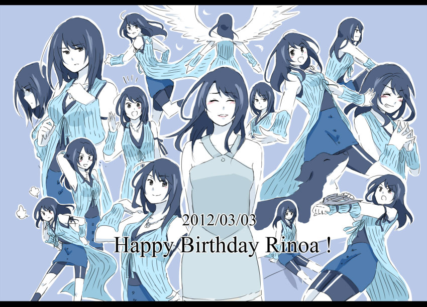 10s 1990s_(style) 2012 6+girls alternate_costume amamizu_(shigure-doki) angel_wings angelo_(ff8) arm_warmers birthday black_hair blue_background blue_theme blush character_name dated dog closed_eyes final_fantasy final_fantasy_viii hands_on_own_hips happy_birthday jewelry long_hair multiple_girls multiple_persona necklace rinoa_heartilly smile weapon wings