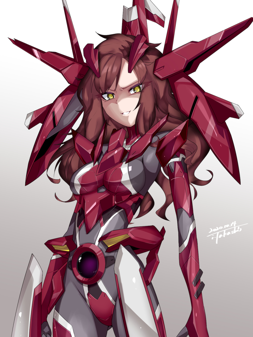 1girl ali_al-saachez arche_gundam armor artist_name bodysuit breasts brown_hair commentary_request commission dated evil_smile eyelashes genderswap genderswap_(mtf) gundam gundam_00 hair_ornament highres i.takashi long_hair looking_at_viewer mecha_musume medium_breasts sidelocks signature skeb_commission smile solo swept_bangs wavy_hair yellow_eyes