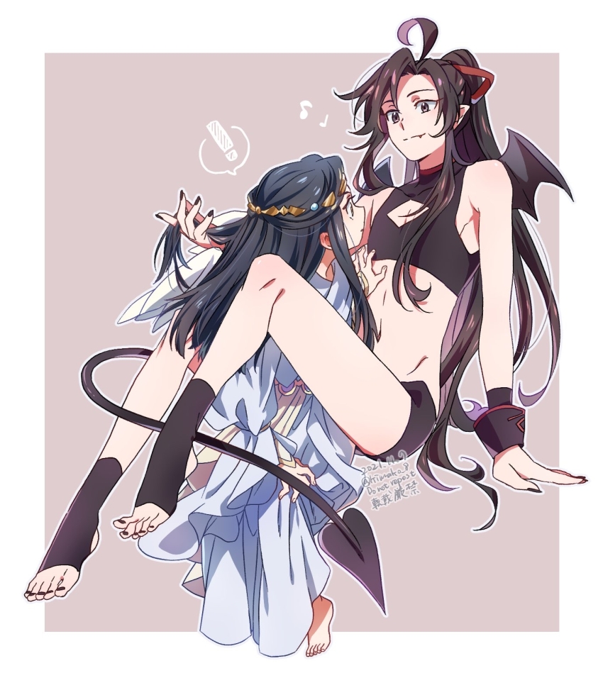 ! 2boys age_difference aged_down ahoge alternate_costume ancient_greek_clothes angel angel_and_devil angel_wings armband bare_arms bare_legs barefoot black_hair black_nails black_shirt black_shorts black_socks black_tail black_wings circlet cleavage_cutout closed_mouth clothing_cutout crop_top crossdressing dated demon_boy demon_horns demon_tail demon_wings fang fang_out feathered_wings fingernails floating full_body greco-roman_clothes groin hair_ribbon hand_in_another&#039;s_hair hand_on_another&#039;s_chest highres holding_another&#039;s_hair horns kimako_(kimako_8) lan_wangji long_hair long_sleeves looking_at_another male_focus midriff modao_zushi multiple_boys musical_note nail_polish navel onii-shota pectoral_cleavage pectorals pointy_ears ponytail purple_eyes red_ribbon ribbon robe sharp_fingernails shirt short_shorts shorts sidelocks sleeveless sleeveless_shirt smile socks spoken_exclamation_mark standing tail toeless_legwear toenail_polish toenails trap twitter_username watermark wei_wuxian white_robe white_wings wings yaoi yellow_eyes