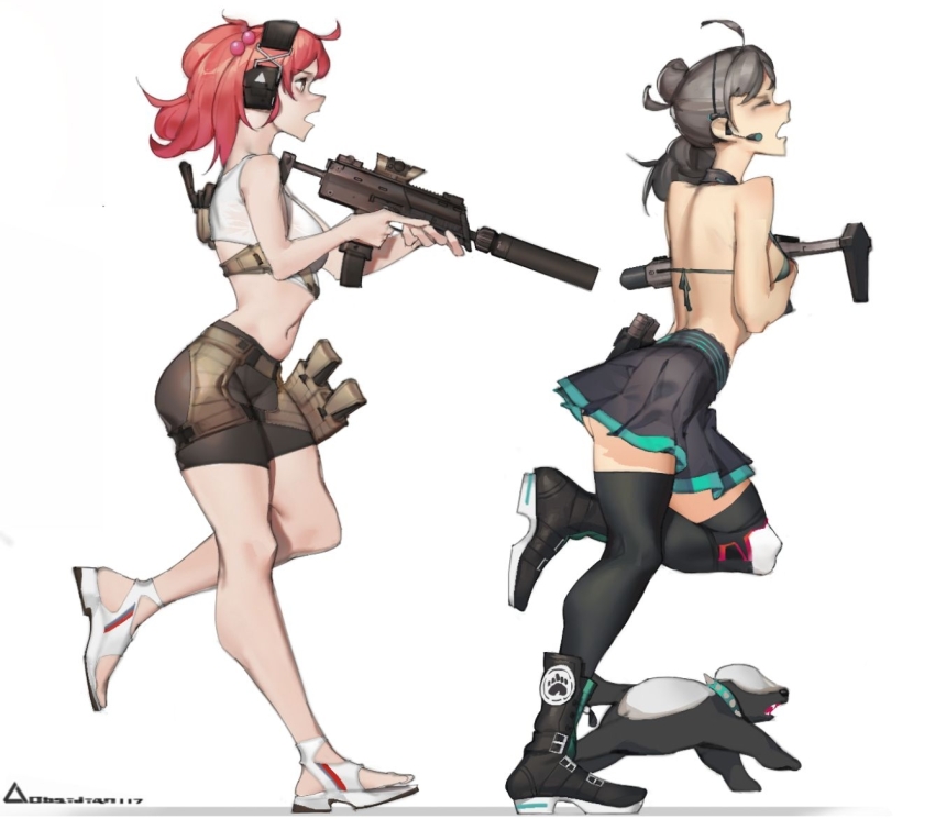 2girls aac_honey_badger ahoge animal artist_name assault_rifle bike_shorts bikini boots breasts closed_eyes crop_top ear_protection earpiece from_side girls&#039;_frontline grey_hair gun h&amp;k_mp7 hair_ornament holding holding_gun holding_weapon honey_badger honey_badger_(girls&#039;_frontline) integral_suppressor integrally-suppressed_firearm medium_breasts medium_hair mp7_(girls&#039;_frontline) multiple_girls navel obsidian117 open_mouth personal_defense_weapon pleated_skirt red_hair rifle running sandals scope skirt submachine_gun suppressor swimsuit weapon white_background yellow_eyes