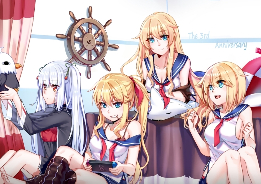 4girls aer_(tengqiu) bell_mccamp_(warship_girls_r) bird black_bra blonde_hair blue_eyes bra bra_strap breasts cleavage commentary curtains eagle enterprise_(warship_girls_r) essex_(warship_girls_r) grin hornet_(warship_girls_r) long_hair long_sleeves looking_at_viewer multiple_girls off_shoulder open_mouth ponytail red_eyes ship&#039;s_wheel short_hair sideboob smile steering_wheel teeth twintails underwear warship_girls_r white_hair yorktown_(warship_girls_r)