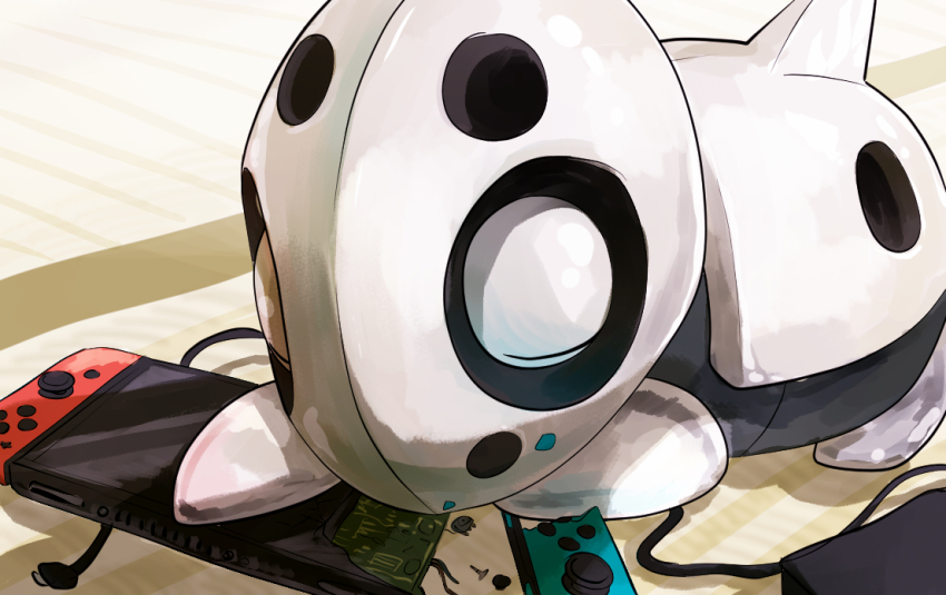 aron broken cable circuit_board closed_eyes commentary controller game_controller gen_3_pokemon handheld_game_console inudomooo joy-con nintendo nintendo_switch no_humans one-hour_drawing_challenge pokemon pokemon_(creature) sleeping solo