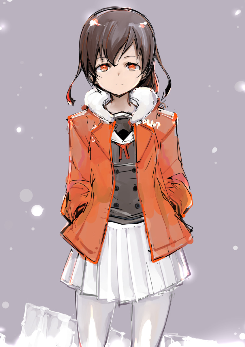 1girl black_shirt brown_hair commentary_request grey_background hands_in_pockets highres hood hooded_jacket hoodie jacket kantai_collection long_hair looking_at_viewer orange_eyes orange_hoodie pantyhose pleated_skirt sailor_collar school_uniform serafuku shirt simple_background skirt solo souya_(kancolle) white_hood white_pantyhose white_sailor_collar white_skirt yoto_(rinlin2)