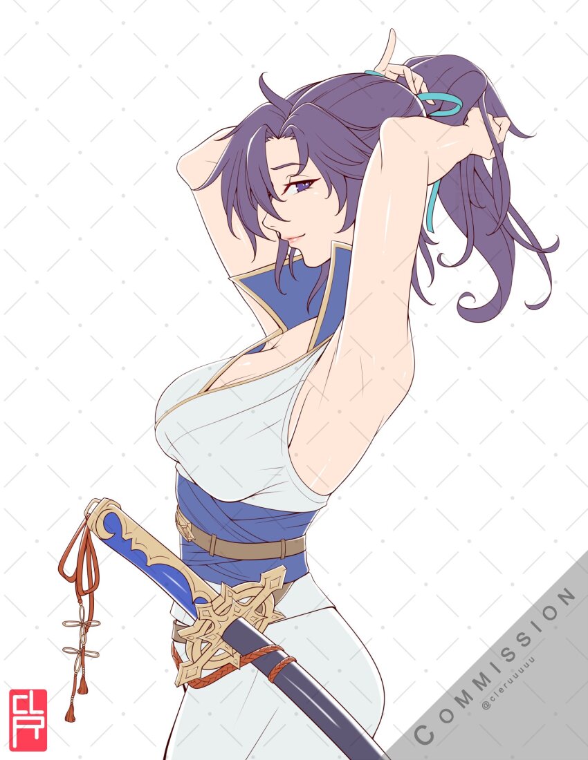 1girl armpits arms_behind_head artist_name belt breasts cleavage cleru_(cleruuuuu) commentary commission english_commentary fir_(fire_emblem) fir_(swordmaiden)_(fire_emblem) fire_emblem fire_emblem:_the_binding_blade hair_over_one_eye highres large_breasts nintendo ponytail purple_eyes purple_hair short_hair smile solo sword tying_hair weapon white_background