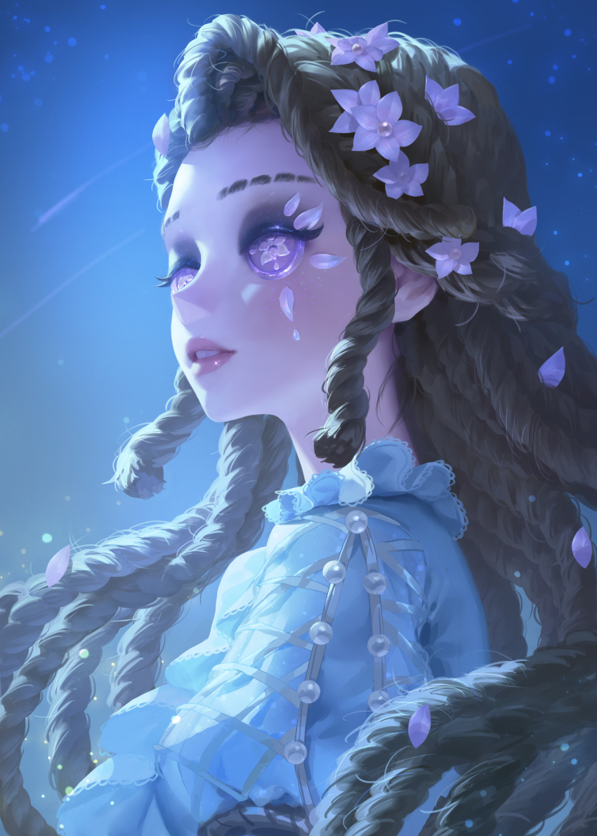 1girl absurdres ada_mesmer ada_mesmer_(juliet) brown_eyeshadow brown_hair button_eyes buttons comb_over commentary dress dress_flower english_commentary face_jewel flower flower-shaped_pupils frilled_dress frills from_side gem gold_trim hair_flower hair_ornament haiyu half-closed_eyes highres identity_v juliet_sleeves lips long_hair long_sleeves looking_to_the_side looking_up night official_art parted_lips pearl_(gemstone) petals pink_eyes pink_flower pink_lips puffy_sleeves shooting_star solo symbol-shaped_pupils white_dress
