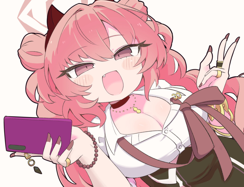 1girl :d bangle bead_bracelet beads black_skirt blue_archive blush_stickers bracelet breasts brown_eyes brown_nails cellphone cleavage collared_shirt double_bun dutch_angle fang fingernails gyaru hair_between_eyes hair_bun halo high-waist_skirt holding holding_phone horns jewelry kirara_(blue_archive) large_breasts long_fingernails long_hair looking_at_viewer miranofuudoria open_mouth phone pink_hair ring school_uniform shirt simple_background skirt smile solo upper_body very_long_hair white_background white_shirt
