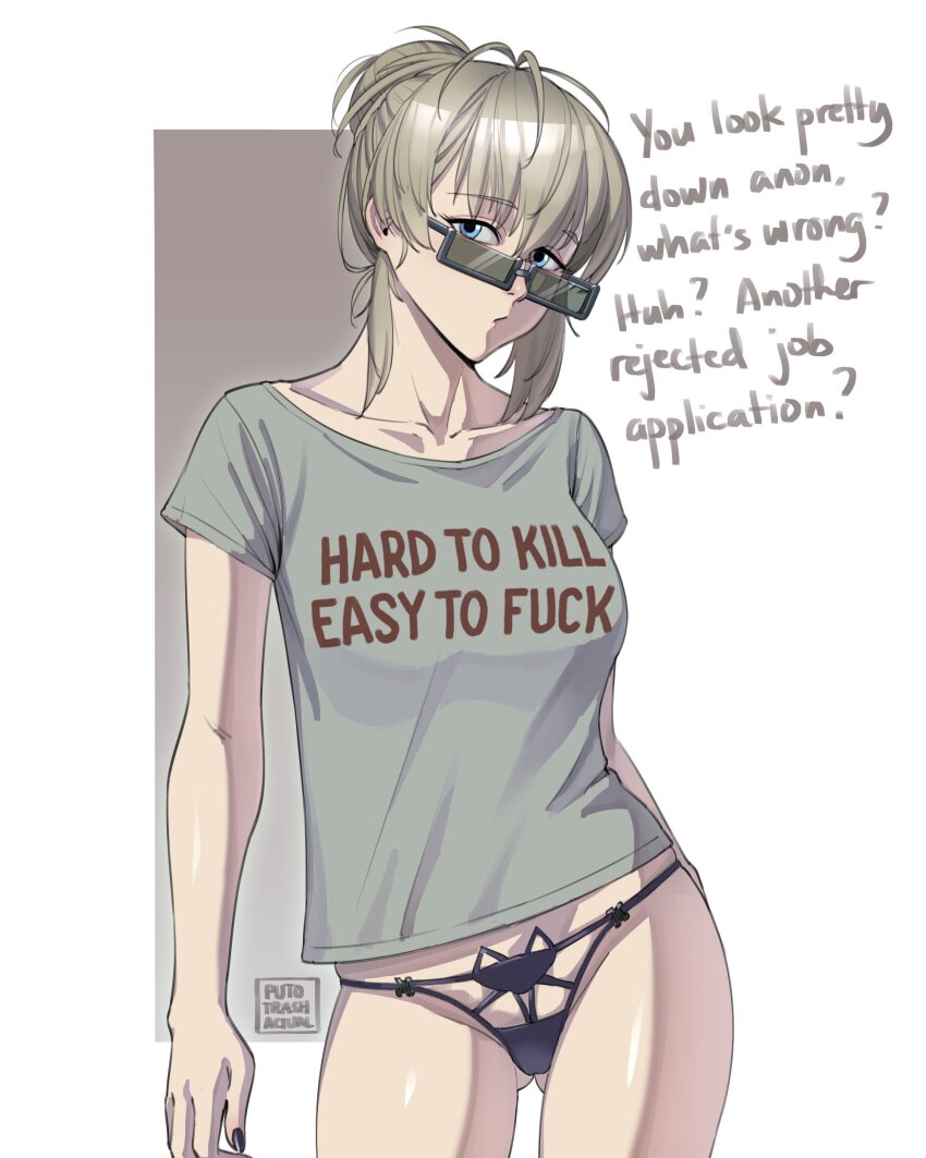 1girl absurdres artist_name black_nails black_panties blonde_hair blue_eyes brown_background clothes_writing collarbone commentary contrapposto english_commentary english_text green_shirt highres looking_at_viewer medium_hair original panties profanity puto_trash rectangular_eyewear shirt simple_background solo two-tone_background underwear white_background