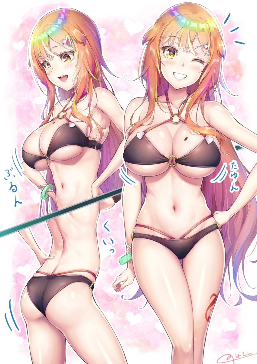 1girl ass bare_shoulders bikini blonde_hair blush bracelet breasts from_behind grin highres jewelry large_breasts long_hair looking_at_viewer mole mole_on_breast motion_lines multiple_views nail_polish natsusora_aona novady one_eye_closed open_mouth original shiny_clothes shiny_skin sideboob smile swimsuit tattoo translation_request very_long_hair wink yellow_eyes