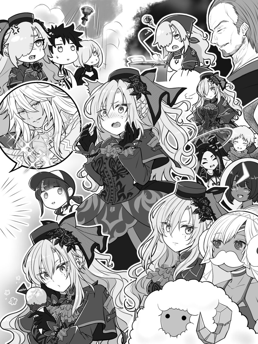 absurdres altera_(fate) altera_the_santa_(fate) anger_vein apron baseball_cap beard blush cooking dress dumuzid_(fate) facial_hair fake_facial_hair fake_mustache fate/grand_order fate_(series) fujimaru_ritsuka_(male) fujimaru_ritsuka_(male)_(decisive_battle_chaldea_uniform) genmai_(crowcrowclown) gloves greyscale halo hat headscarf highres holy_grail_(fate) ice_cream_cone kriemhild_(fate) ladle long_hair mash_kyrielight mash_kyrielight_(ortenaus) monochrome scarf siegfried_(fate) sparkle taisui_xingjun_(fate) utsumi_erice utsumi_erice_(swimsuit_avenger) utsumi_erice_(swimsuit_avenger)_(first_ascension) voyager_(fate) wandjina_(fate) yagyuu_munenori_(fate)