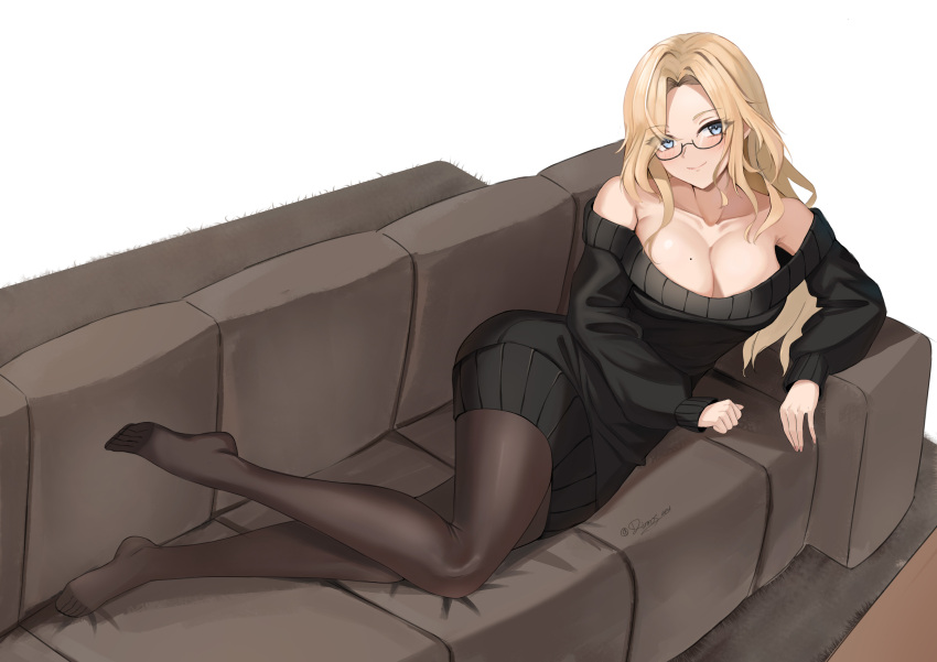 1girl absurdres alternate_costume bespectacled black-framed_eyewear black_pantyhose black_sweater blonde_hair breasts couch dimos_(dawn_1945) dress glasses highres hornet_(kancolle) kantai_collection large_breasts long_hair long_sleeves looking_at_viewer off_shoulder on_couch pantyhose smile sweater sweater_dress