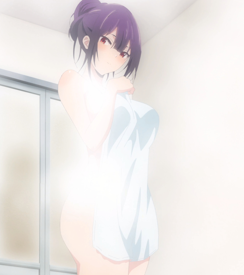 1girl absurdres anime_screenshot blush closed_mouth cowboy_shot female_focus haite_kudasai_takamine-san highres indoors looking_at_viewer naked_towel purple_hair red_eyes short_hair solo standing steam stitched takamine_takane third-party_edit towel