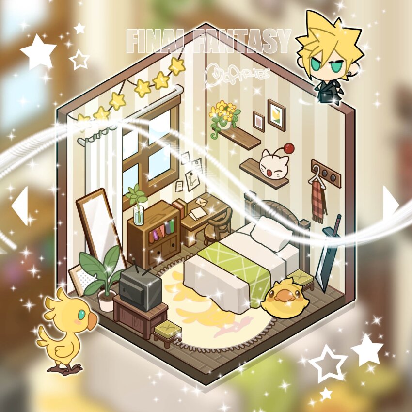 1boy aqua_eyes aries20770321 bed bird black_pants black_vest blanket blonde_hair book bookshelf buster_sword chibi chibi_only chocobo clothes_hanger cloud_strife crt curtains desk earrings final_fantasy final_fantasy_vii final_fantasy_vii_advent_children flower full-length_mirror hair_between_eyes highres isometric jewelry male_focus mirror moogle pants pillow plaid_clothes plaid_scarf plant potted_plant rug scarf short_hair single_earring solo spiked_hair television twitter_username vest waist_cape window yellow_flower