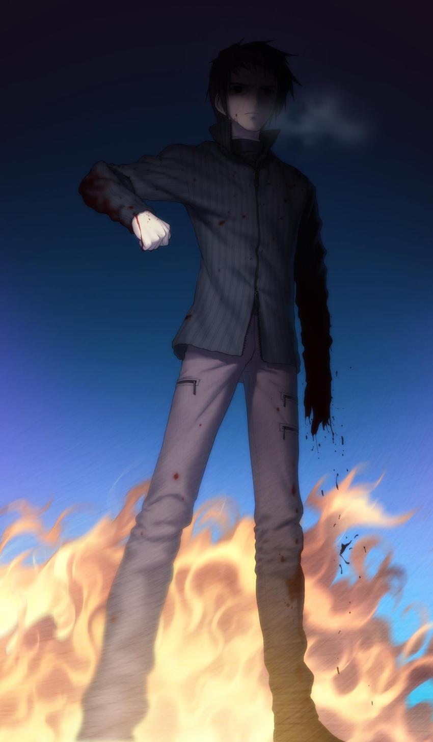 1boy blood brown_eyes brown_hair game_cg highres koyama_hirokazu lugh_beowulf lugh_beowulf_(wolf) mahou_tsukai_no_yoru male_focus manly shizuki_soujuurou short_hair solo spoilers