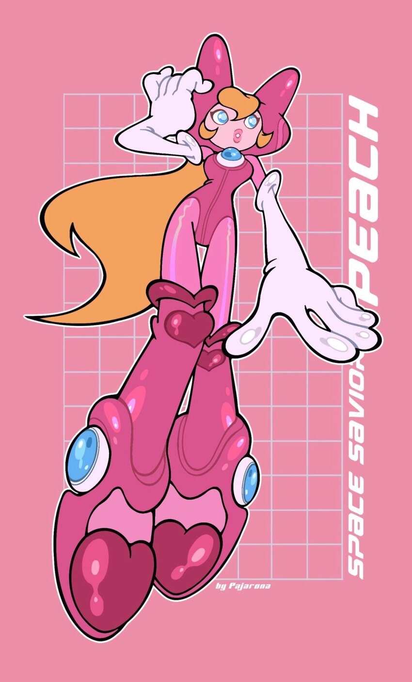 1girl alternate_costume animal_ears artist_name blonde_hair blue_eyes blue_gemstone bodysuit boots character_name chest_jewel elbow_gloves fake_animal_ears full_body gem gloves grid_background hand_on_own_head hand_up heart helmet highres knee_boots lipstick long_hair looking_to_the_side makeup mario_(series) nintendo outline pajaronaa parted_lips pink_background pink_bodysuit pink_boots pink_helmet pink_lips princess_peach solo spacesuit standing thick_lips twitter_username white_gloves white_outline