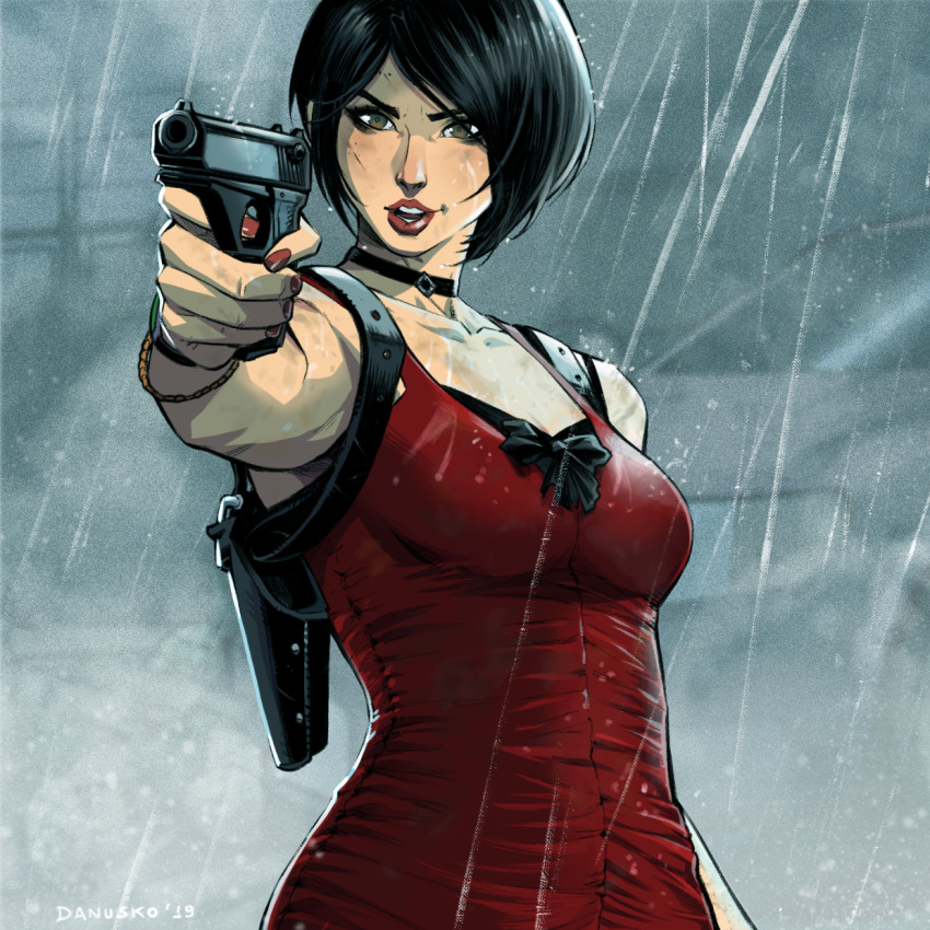 1girl ada_wong aiming black_bra black_choker black_hair bra bra_peek bracelet breasts brown_eyes capcom choker collarbone commentary danusko dress english_commentary finger_on_trigger gun h&amp;k_vp70 handgun heckler_&amp;_koch highres holding holding_gun holding_weapon holster jewelry lips lipstick makeup medium_breasts nail_polish parted_lips pistol rain red_dress red_nails resident_evil resident_evil_2 resident_evil_4 shoulder_holster sleeveless sleeveless_dress solo transforming_weapon underwear watch weapon wet wet_clothes wet_dress wristwatch