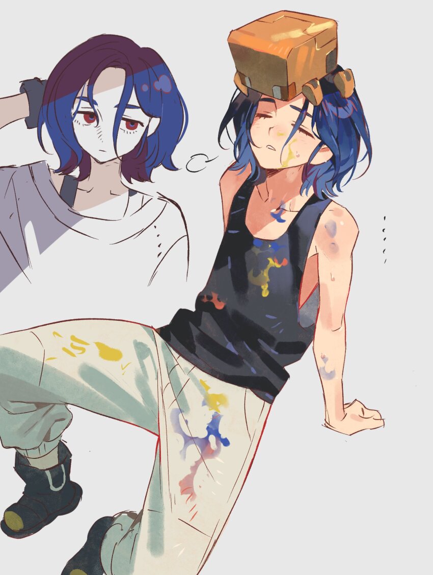 ... 1boy blue_hair closed_eyes colored_inner_hair commentary gloves grey_background gundam gundam_gquuuuuux hashtag-only_commentary highres lower_eyelashes_only male_focus multicolored_hair multiple_views non-humanoid_robot paint_on_clothes paint_splatter paint_splatter_on_face pants puff_of_air purple_hair red_eyes robot shirt shoes short_hair shuji_ito sigh simple_background sitting sleeveless solo sumooo_(ga_ilil) tank_top two-tone_hair white_shirt