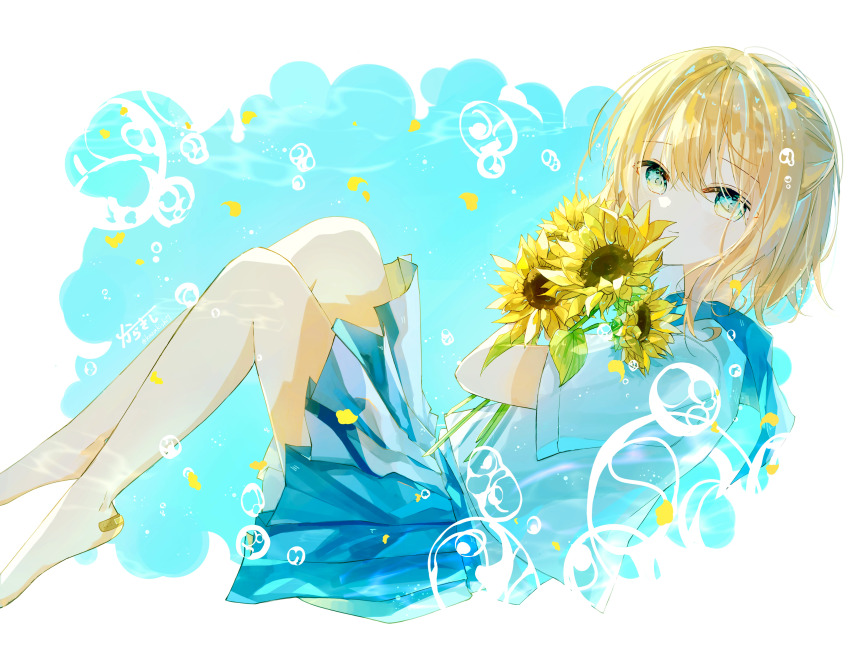 1girl absurdres ado_(utaite) aqua_background aqua_eyes bandaid bandaid_on_foot bandaid_on_leg barefoot blonde_hair blue_sailor_collar blue_skirt border closed_mouth flower full_body gradient_eyes hair_between_eyes highres himawari_(ado) holding holding_flower karakishi7 looking_at_viewer multicolored_eyes original sailor_collar school_uniform serafuku shirt short_hair short_sleeves signature skirt smile solo sunflower twitter_username two-tone_eyes white_border white_shirt yellow_eyes