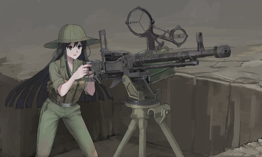 1girl ammunition_pouch black_hair boonie_hat dshk green_pants green_shirt grey_eyes gun heavy_machine_gun highres homuhomu1208 looking_at_viewer machine_gun manually-operated_mounted_gun military military_combat_uniform military_uniform original outdoors pants people&#039;s_army_of_vietnam pouch shirt soldier tripod vietnam_war weapon