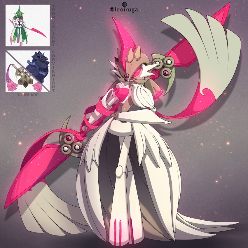 armor artist_name corviknight doublade fusion gen_6_pokemon gen_8_pokemon grey_background highres holding holding_weapon iron_valiant joints leoiruga nintendo official_art_inset pink_eyes pokemon pokemon_(creature) robot_joints signature waist_cape weapon white_armor