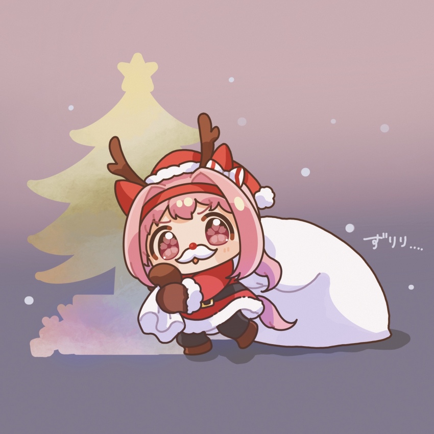 1girl animal_ears antlers black_pantyhose blush bow brown_gloves brown_shoes chibi christmas christmas_tree dress ear_bow fake_antlers fake_facial_hair fake_mustache flower flower-shaped_pupils fur-trimmed_dress fur-trimmed_headwear fur-trimmed_sleeves fur_trim gloves hair_intakes hairband haru_urara_(umamusume) hat highres holding holding_sack horns horse_ears horse_girl horse_tail looking_at_viewer moko39_takasora pantyhose parted_lips pink_hair ponytail red_eyes red_flower red_hairband red_hat red_nose reindeer_antlers sack santa_costume santa_hat shoes solo star_(symbol) symbol-shaped_pupils tail translation_request umamusume white_bow