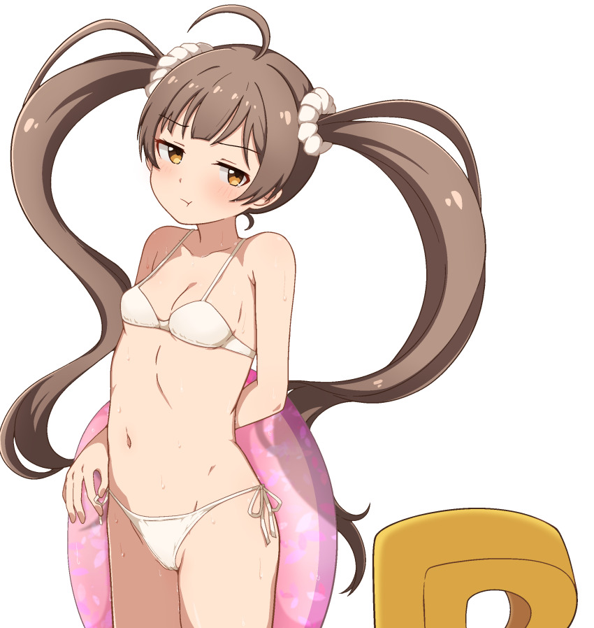 1boy 1girl :t ahoge arms_behind_back bare_arms bare_shoulders bikini blunt_bangs breasts brown_hair cleavage collarbone groin hair_ornament hair_scrunchie hakozaki_serika highres idolmaster idolmaster_million_live! idolmaster_million_live!_theater_days long_hair looking_at_another milliani navel orange_eyes p-head_producer producer_(idolmaster) puff_of_air scrunchie side-tie_bikini_bottom sidelocks simple_background small_breasts swimsuit twintails very_long_hair white_background white_bikini