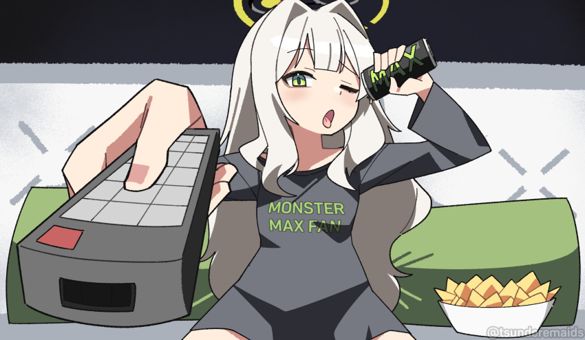 1girl blue_archive bottle chips_(food) commentary controller couch drinking energy_drink english_commentary food foreshortening green_eyes grey_hair halo hare_(blue_archive) hare_(pajamas)_(blue_archive) highres holding holding_bottle holding_remote_control long_hair long_sleeves man_watching_tv_(meme) meme remote_control sitting solo tsunderemaids