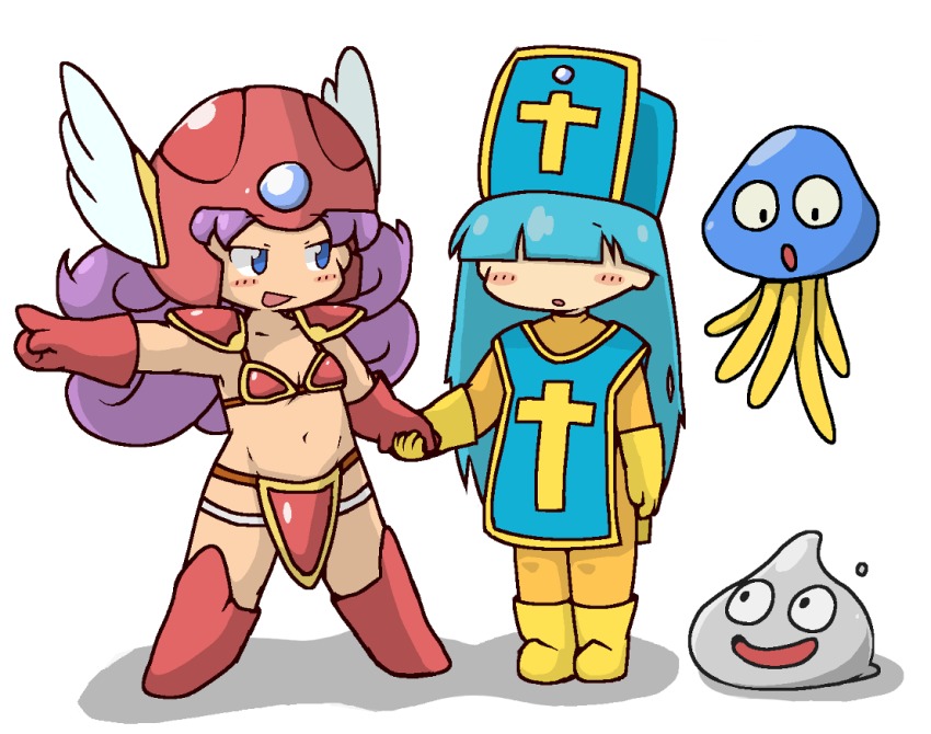 2girls :d :o armor bikini_armor blue_eyes blue_hair blue_hat blunt_bangs blush bodysuit boots breasts cleavage collarbone creature cross curly_hair dragon_quest dragon_quest_iii elbow_gloves eyebrows gloves groin hair_over_eyes hat healslime helmet holding_hands index_finger_raised kuto_tubuyaki legs_apart legs_together liquid_metal_slime_(dq) long_hair looking_at_another midriff multiple_girls navel no_nose open_mouth orange_bodysuit pauldrons pointing priest_(dq3) purple_hair red_armor red_footwear red_gloves red_headwear shadow shoulder_armor slime_(dragon_quest) small_breasts smile standing stomach tabard warrior_(dq3) white_wings winged_helmet wings yellow_boots yellow_gloves