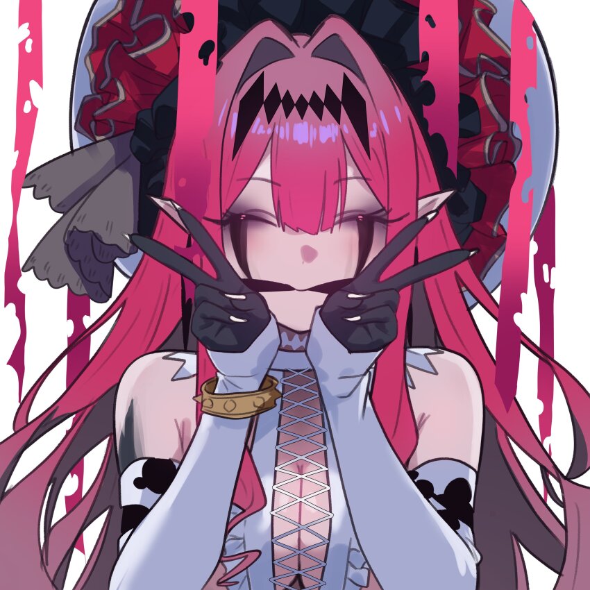 1girl absurdres baobhan_sith_(fate) baobhan_sith_(third_ascension)_(fate) breasts cleavage closed_eyes cross-laced_clothes cross-laced_dress detached_sleeves double_v dress earrings ebora facing_viewer fate/grand_order fate_(series) frilled_hat frills gag hands_up hat highres jewelry long_hair pink_hair pointy_ears sidelocks solo v white_dress