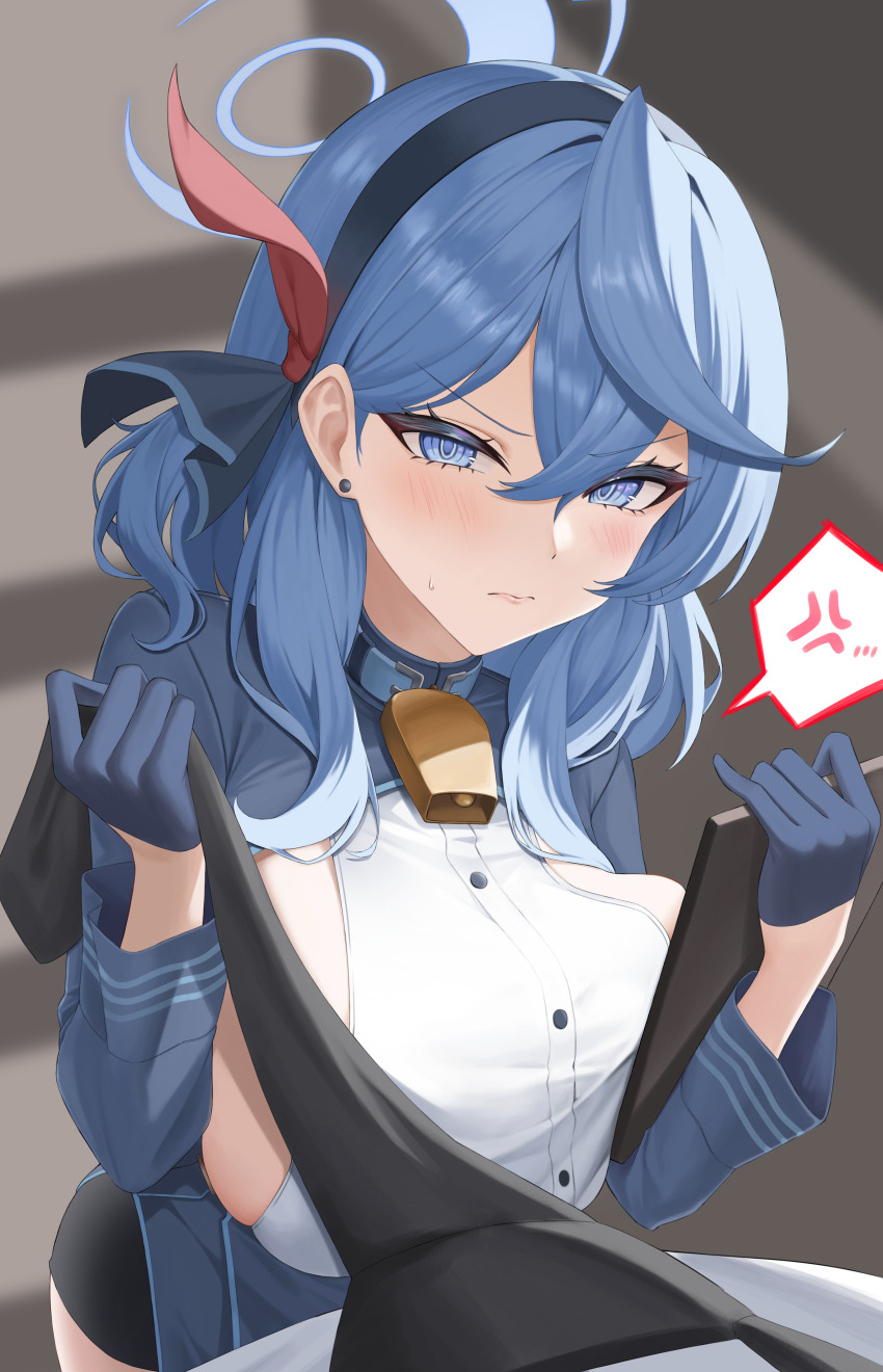 1girl absurdres ako_(blue_archive) bell blue_archive blue_eyes blue_gloves blue_hair blue_halo blurry blush breasts cowbell depth_of_field ein_tiger embarrassed gloves halo highres long_hair looking_at_viewer neck_bell sideboob sideless_outfit sideless_shirt